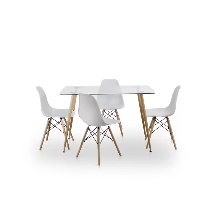 Pack Mesa de Cristal Templado 110CM + 4 Sillas Estilo Nordico Blanco - 1