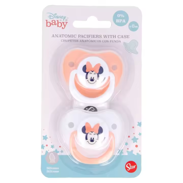 Set 2 Chupetes Minnie Tetina Anatómica de Silicona , para +6 Meses, Libre BPA, Con Funda, Color Rosa y Blanco, FABRICADO EN ESPAÑA, Stor - Kiglam - 1