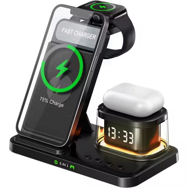 Cargador Inhalambrico iPhone 5 en 1 Led, Base Cargador, Airpods, Estación de Carga Apple para Viajes y Hogar - 1