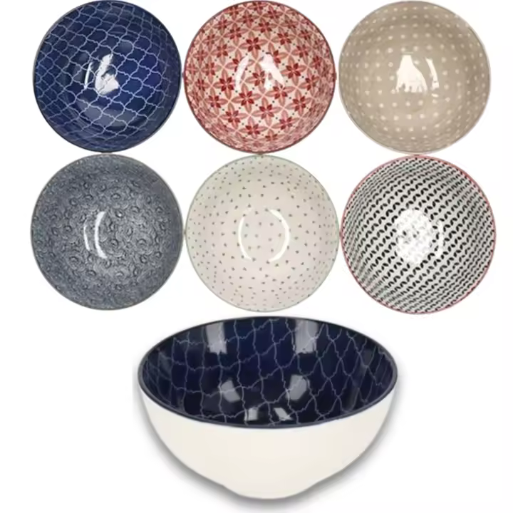 Set de 6 Cuencos de Cerámica 600 ml - Diseño Decorativo en Patrones Únicos y Colores Variados - Ideales para Sopas, Ensaladas, Ramen y Cereales - Resistentes y Aptos para Microondas y Lavavajillas - 1