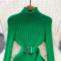 Vestido Maxi De Cuello Alto Para Mujer YuooMuoo 2024 Otoño Invierno Elegante Ajustado Con Cinturón Estilo Bodycon Tejido Ribbed Suave Y Elástico - details 1