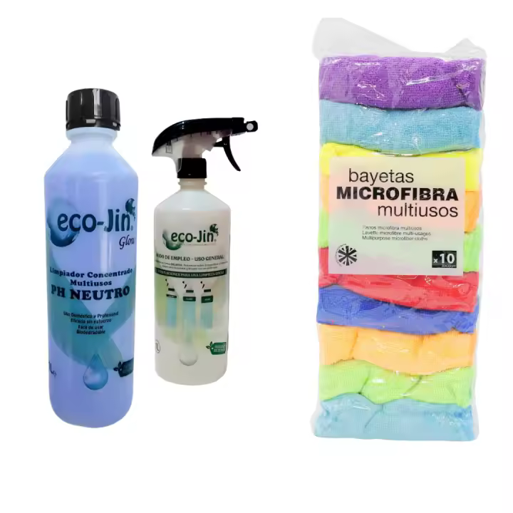 Ecojin Glow pH Neutro + Paquete de 10 Bayetas de Microfibra Rozenbal – Quitamanchas Multiusos para Todas las Superficies. Producto Original de Laboncler para una Limpieza Eficiente. Limpia y Brilla - 1