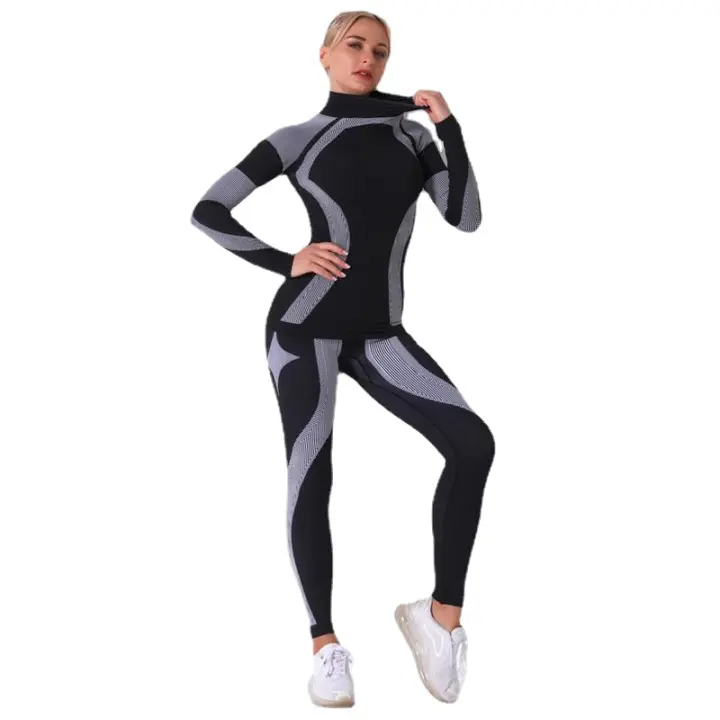 Seamless Sets 2 Pcs High Waist Leggings+Long Sleeve Top Workout Sport Suit Seamless Yoga Sets Nylon Knitted Sets Striped Gym Suit Sportswear - 1