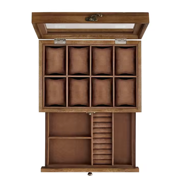SONGMICS Caja de Relojes con 8 Ranuras, Estuche de Relojes de Madera de 2 Niveles con Tapa de Cristal, Almohadillas, Forro de Terciopelo, Regalo de Seres Queridos, Negro Ébano/Nogal Rústico - 1