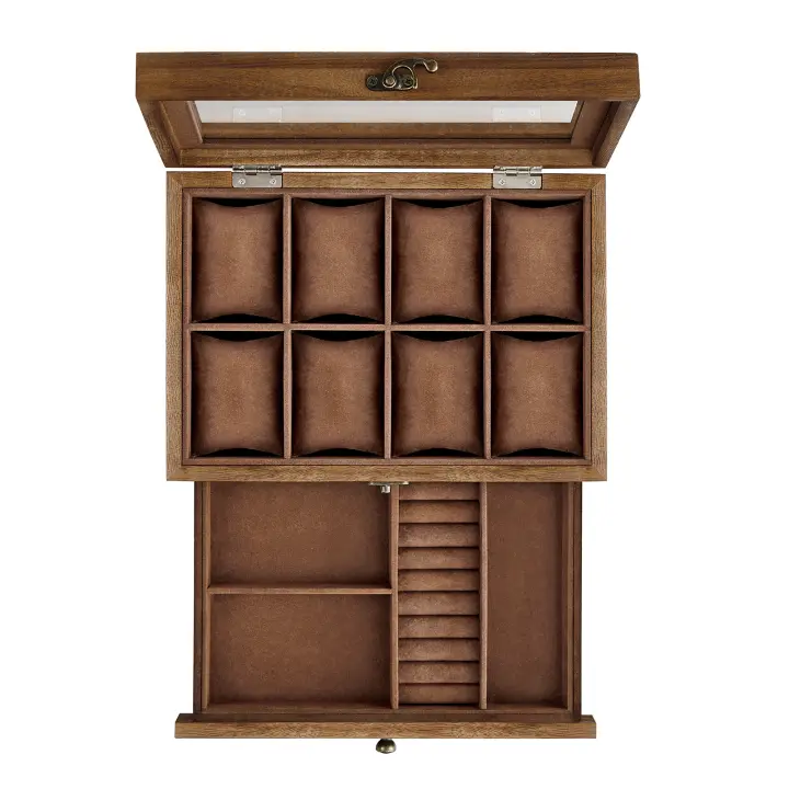 SONGMICS Caja de Relojes con 8 Ranuras, Estuche de Relojes de Madera de 2 Niveles con Tapa de Cristal, Almohadillas, Forro de Terciopelo, Regalo de Seres Queridos, Negro Ébano/Nogal Rústico - 1
