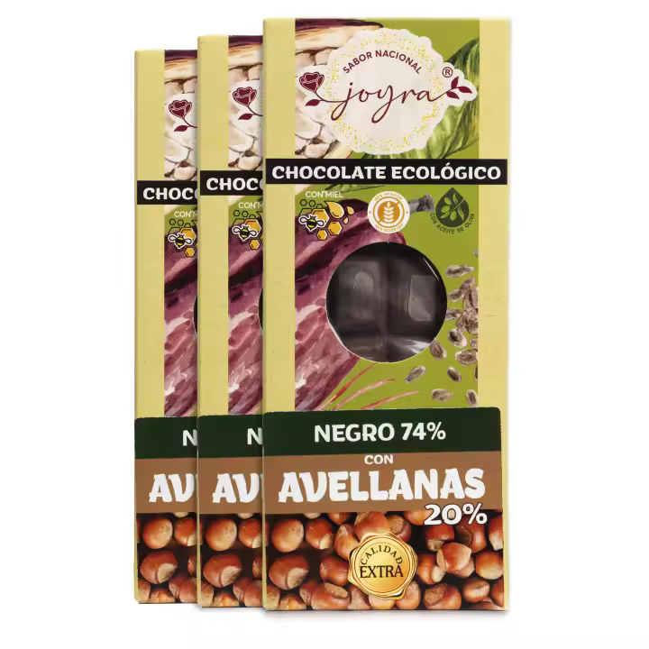 ARTE SABOR Pack 3 Tabletas de chocolate artesana (74% Cacao) con avellanas y miel, 100g cada una. 6,8x1,3x16,8 Cm. - 1