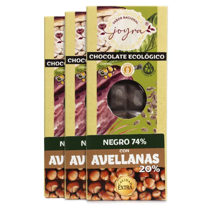 ARTE SABOR Pack 3 Tabletas de chocolate artesana (74% Cacao) con avellanas y miel, 100g cada una. 6,8x1,3x16,8 Cm. - 1