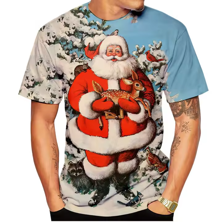 Camiseta De Verano Con Impresión 3D De Santa Claus Estilo Casual Cómodo Manga Corta Para Hombre Top De Algodón Y Poliéster - 1