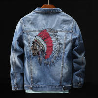Chaqueta De Denim Bordada Indian Chief Para Hombres Retro Azul Ropa De Calle Estilo Slim Ropa De Motocicleta Casual Para Primavera Y Otoño Tallas M a 3XL - details 2