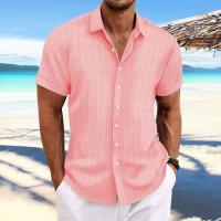 Camisa Casual De Hombre De Algodón Y Lino Con Rayas Jacquard Verano Cómoda Corta Color Sólido Moda Cierre Único Estilo Turn-down Collar - details 13