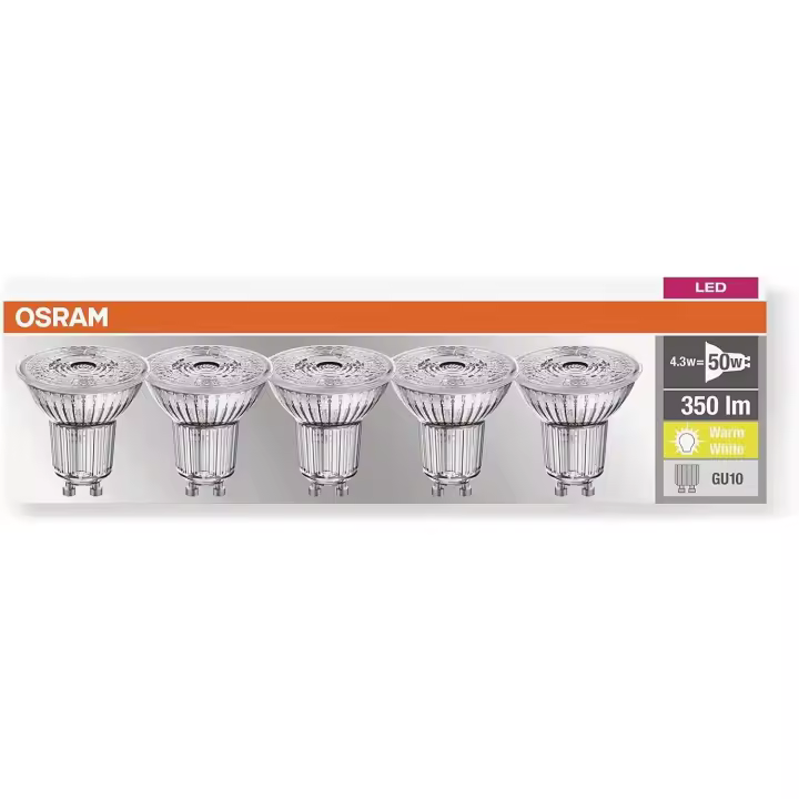 OSRAM LED Base PAR16 Bombilla reflectora, casquillo: GU10, luz blanca cálida, 2.700 K, 4,3 W, reemplaza 50 W. Clase de eficiencia energética F. Caja 5 unidades - 1
