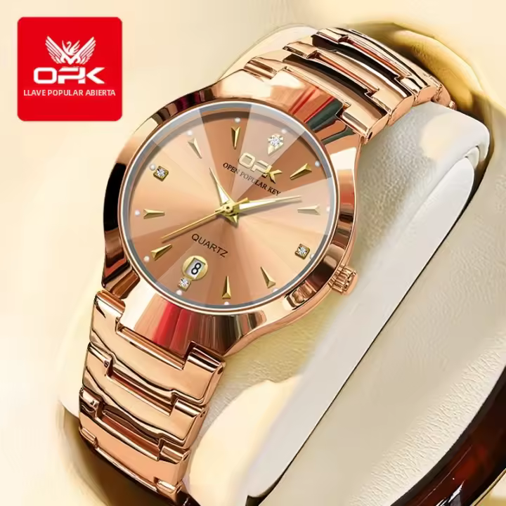 Reloj De Pulsera Para Hombre OPK 8105 Diseño De Diamantes Correa De Acero Inoxidable Resistente Al Agua Con Fecha Y Cuarzo - 1