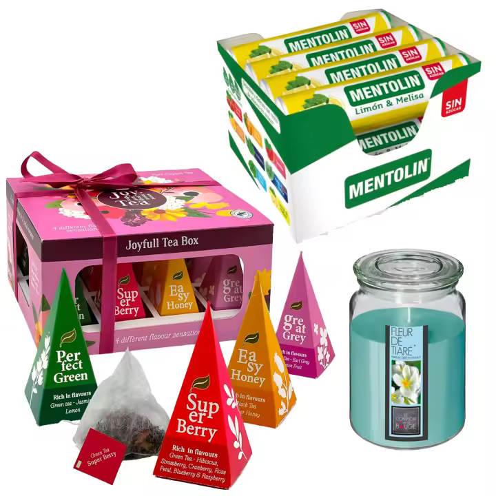 Pack Balsámico: MENTOLIN LIMON MEL S/A TUBO 12X20G + Vela perfumada con flor tiare + Caja de Té Joyfull con variedad de sabores - 1