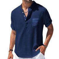 Camisa De Lino Breton Para Hombre Casual Verano Color Sólido Manga Corta Transpirable Suéter Con Bolsillo Top Basic Juvenil - details 6