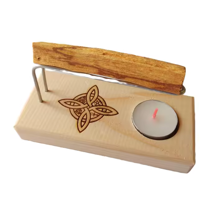 Quemador de Palo Santo, inciensos o atados NUDO DE BRUJA, con base de madera, varillas metalicas incluye palo santo y palo santo. Protección y elimanar malas enérgias, marca YA-DECOREGALOS - 1