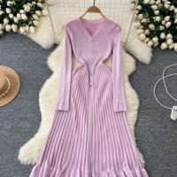 Vestido Largo Maxi Rosa Francés De Moda Con Volantes Y Cuello En V Para Mujer Abrigo De Invierno Estilo Oficina Lady - details 22