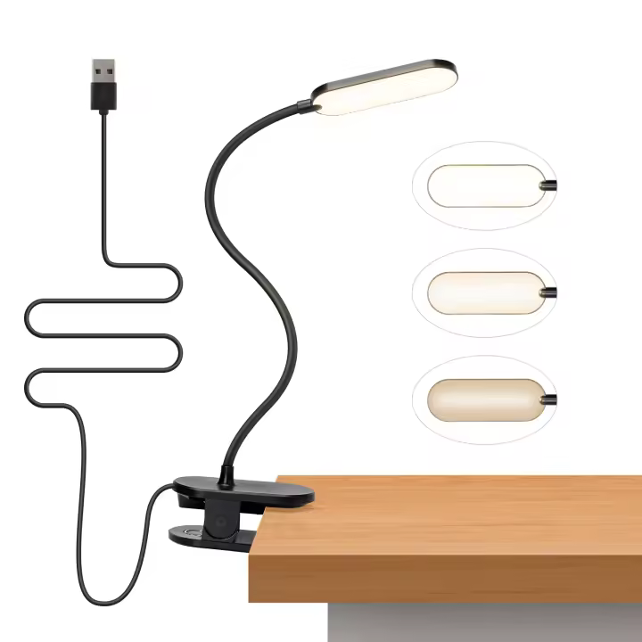 Aigostar Luz de lectura, Lámpara lectura LED con clip y brazo flexible ajustable en 360°, luz de cama con clip y cable, 3 modos de brillo, protección ocular, 4000 K para la lectura, el trabajo,Negro - 1