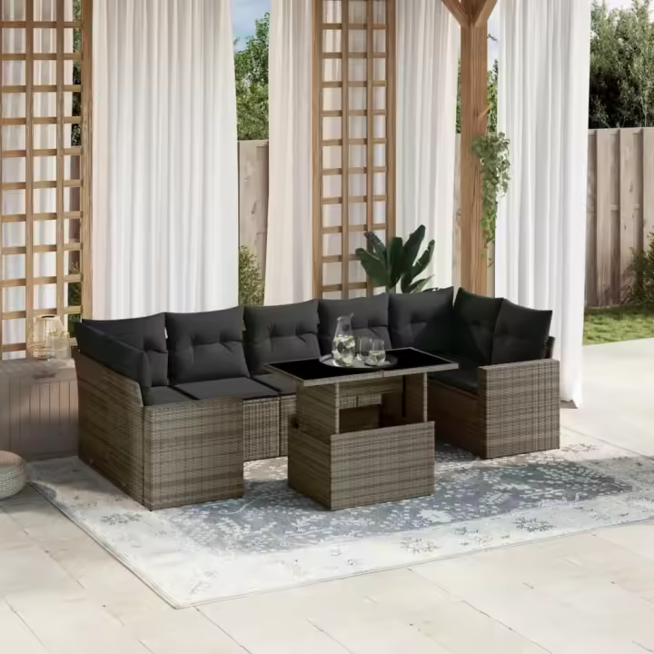 vidaXL Set de sofás de jardín y cojines 8 piezas ratán sintético gris - 1