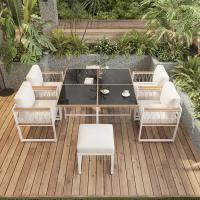 Juego de Mesa y Sillas de Comedor de Exterior de 7 Piezas, 6 Asientos, Mesa de Cristal Templado, Envuelve en Ratán PE, Tapa de Madera de Acacia con Apoybrazos, Jardines. - details 3