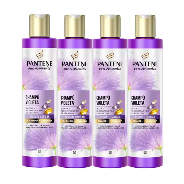 Pantene Pro-V Miracles Violeta Champú Reparador con Biotina y Keratina, Atenúa los Tonos Amarillos y Recupera la Fuerza del Cabello Decolorado, con Mechas o muy Tratado. 4 Unidades de 250ml - 1