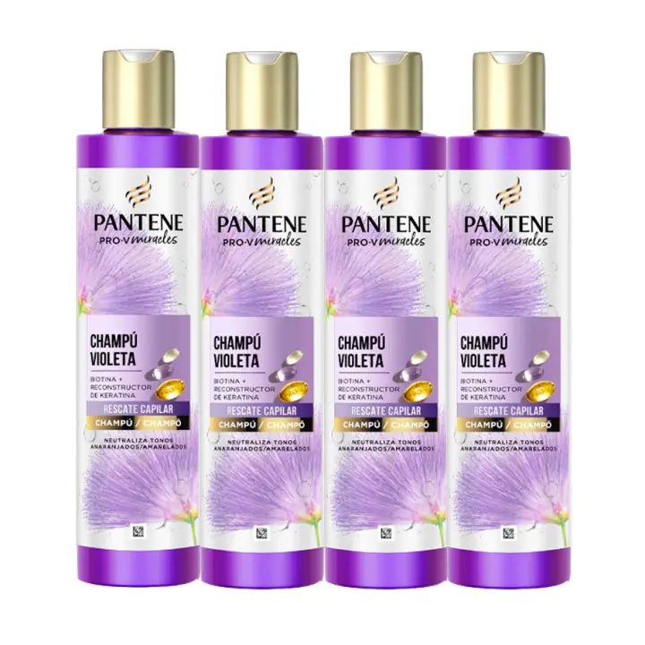 Pantene Pro-V Miracles Violeta Champú Reparador con Biotina y Keratina, Atenúa los Tonos Amarillos y Recupera la Fuerza del Cabello Decolorado, con Mechas o muy Tratado. 4 Unidades de 250ml - 1