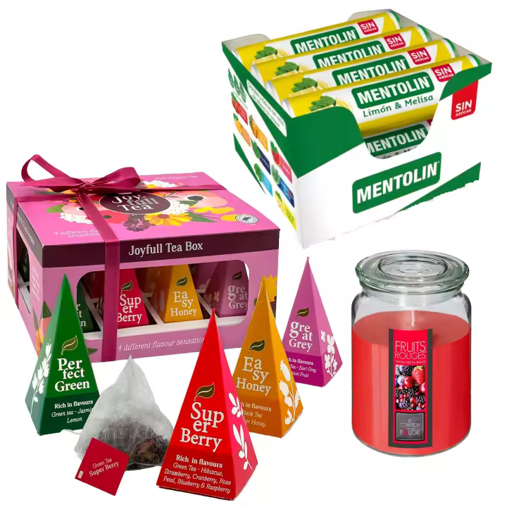 Pack Balsámico: MENTOLIN LIMON MEL S/A TUBO 12X20G + Vela perfumada de frutos rojos + Caja de Té Joyfull con variedad de sabores - 1
