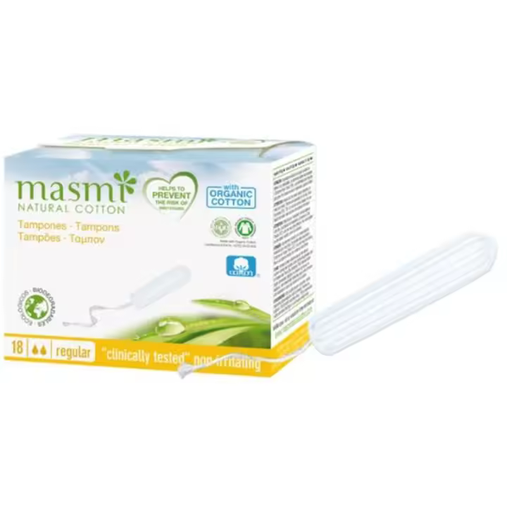 MASMI - Tampones Digitales Regular 18 uds, sin Aplicador, Cómodos y Discretos, de Puro Algodón Ecológico Certificado, con Velo Especial de Seguridad, Producto Vegano, sin Celulosa o Perfumes - 1