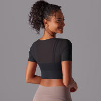 Camiseta de manga corta para Yoga, Top Sexy de Doble Capa, ropa de Malla empalmada, Sujetador Deportivo para correr y Fitness, Color sólido, Mujer - details 28