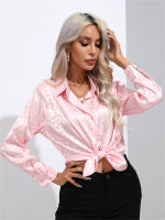 Camisa De Satén Para Mujer Con Cuello Band-collar Y Botones Manga Larga Leopardo Elegante Blusa Casual De Edad Media - details 5