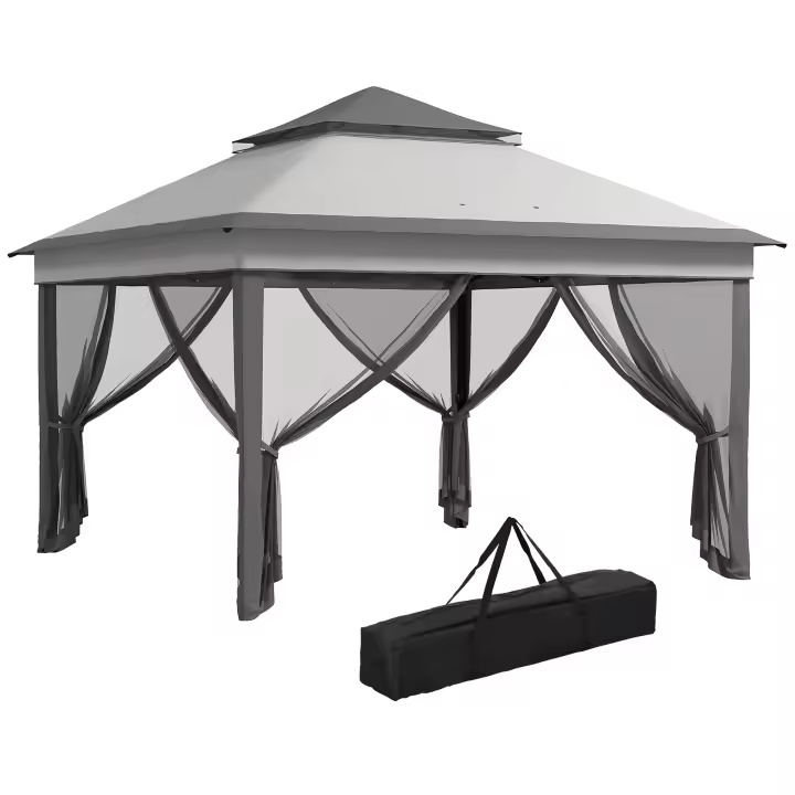 Outsunny Carpa Plegable 3x3x2,7 m Cenador de Jardín con Doble Techo Altura Ajustable 4 Mosquiteras Protección UV30+ Impermeable y Bolsa Gazebo para Exterior Fiestas Camping - 1