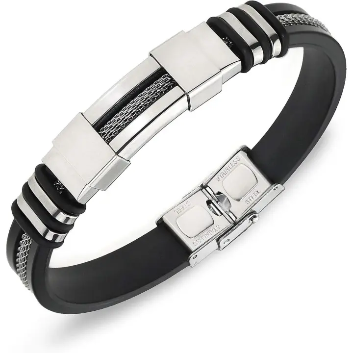 Pulsera ajustable para hombre, pulsera de silicona, pulsera de acero inoxidable - 1