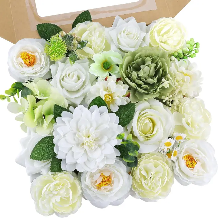 Flores artificiales combinadas de seda, peonías y rosas falsas con tallo para centros de mesa y ramos de boda, color verde y blanco - 1
