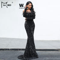 Vestido Elegante De Noche Para Mujer Missord Con Hombros Descubiertos Y Plumas Negro Con Lentejuelas Traje De Baño Fiesta Bodas Silueta De Sirena Ajustado - details 5
