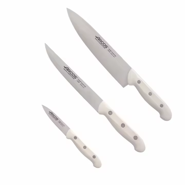 Arcos Serie Artika - Set de Cuchillos de Cocina 3 piezas (Mondador + Cocina + Chef) - Hoja de Acero Inoxidable NITRUM - Mango de Polipropileno Color Blanco - 1