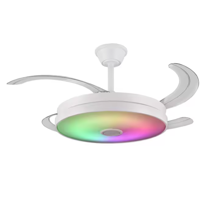 Ventilador de techo con aspas retráctiles, luz led RGB de 72W y altavoz Althea S. Tamaño Ø92cm, modo invierno/verano, con mando y APP móvil en color blanco - 1