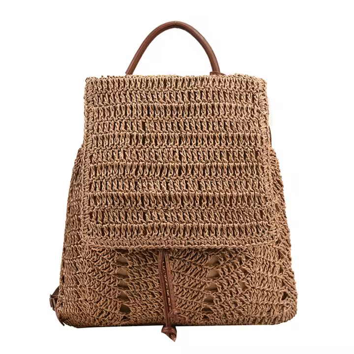 Straw Backpack for Women Drawstring Shoulder Bag Bohemian Beach Handbags, Summer Handmade Woven Crochet Straw Backpack - 1