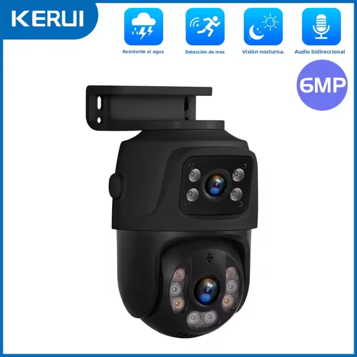 Cámara De Seguridad IP KERUI PTZ Dual Lens 6MP POE Exterior Video CCTV Observación Remota Compatible Con Onvif iCSEE Negra - 1