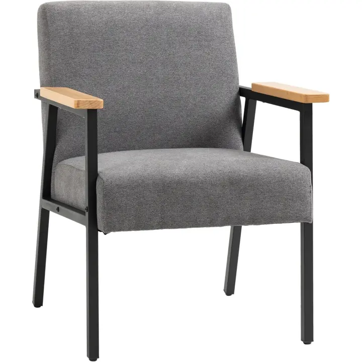 Butaca de Salón Sillón Decorativa Moderna Tapizado en Poliéster con Reposabrazos de Madera y Patas de Acero para Cocina Oficina Dormitorio 64,5x70x83,5 cm Gris - 1
