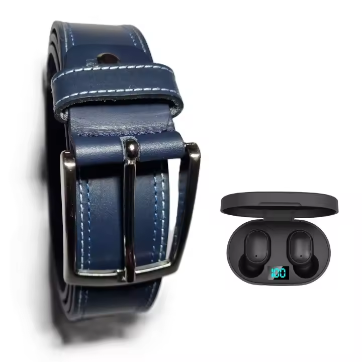 Cinturón de Piel Azul con Costuras contrastadas para Hombre. REGALO INCLUIDO: Auriculares TWS E6S. Medida Ajustable. Elegante y Resistente. Fabricado a Mano en España. Presentado en bolsa de tela. Regalo Especial. Lukkalia - Kids and Us / LKCAC - 1