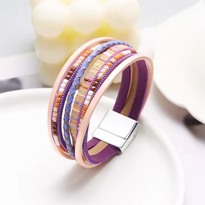 Pulsera De Cuero Genuino De Moda Con Hebillas Tejidas Y Cuentas Bohemias Para Mujer Y Adolescentes Cierre Magnético Hecho a Mano - 1