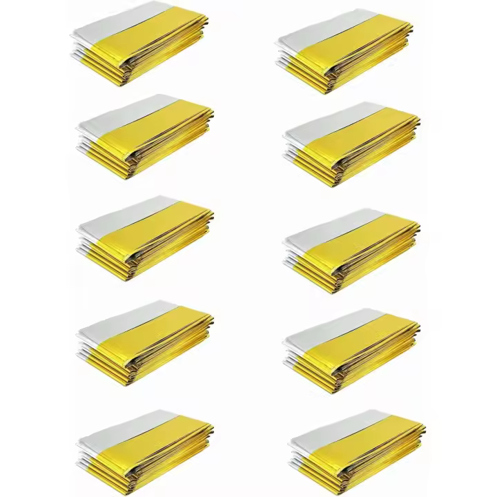 Paquete de 10 mantas de emergencia extra Grandes de 210x160 cm, de Aluminio Dorado, impermeable, de Mylar, para supervivencia, para acampar, hacer senderismo, hacer mochileros, botiquín de Primeros Auxilios - 1