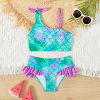 Bikini Infantil Ajustable Con Estampado De Escamas De Pez Y Volantes Para Niñas Traje De Baño De Verano Para Niñas Con Estilo Surf Y Playa - details 0
