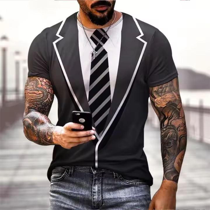 Camiseta De Verano Con Traje Falso Y Estampado 3D Para Hombre Estilo Callejero Manga Corta Camiseta Casual Cómoda Transpirable - 1