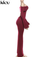 Vestido De Hombros Descubiertos Kliou Para Mujer Estilo Clásico De Calle Alta Manga Completa Hueco Vestido Delgado Sencillo Elegante De Fibra Sintética - details 2
