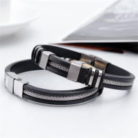 Pulsera De Silicona Punk Trendy Impermeable Para Hombre Con Diseño De Grooved Rudder Pulsera De Acero Inoxidable Casual Black Wristband - details 4