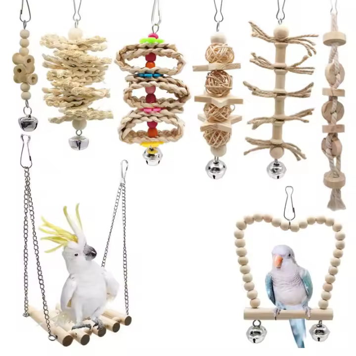 Juego De Juguetes Para Pájaros Periquito Con Swing Y Madera Conjunto De Suministros Para El Hogar Del Pájaro 8 Piezas - 1