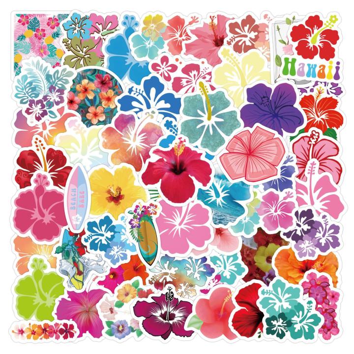 60pcs Parches Flor De Hibisco Fresca Para Laptop Bicicleta Guitarra Patineta Parches Impermeables DIY Para Niños Graffiti