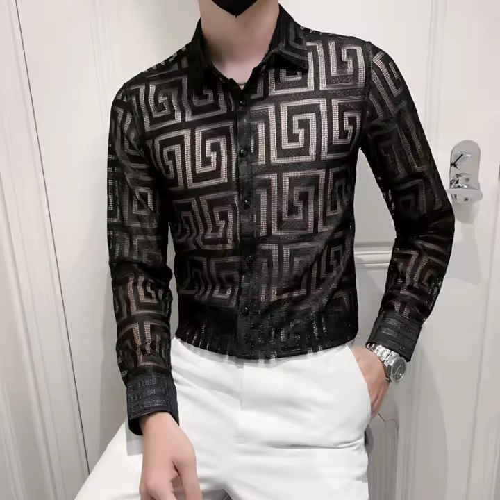 Camisa De Rayas Para Hombre Verano Transpirable Con Cortes De Encaje Manga Larga Ajustada Para Clubes Proms Fiestas Sociales - 1