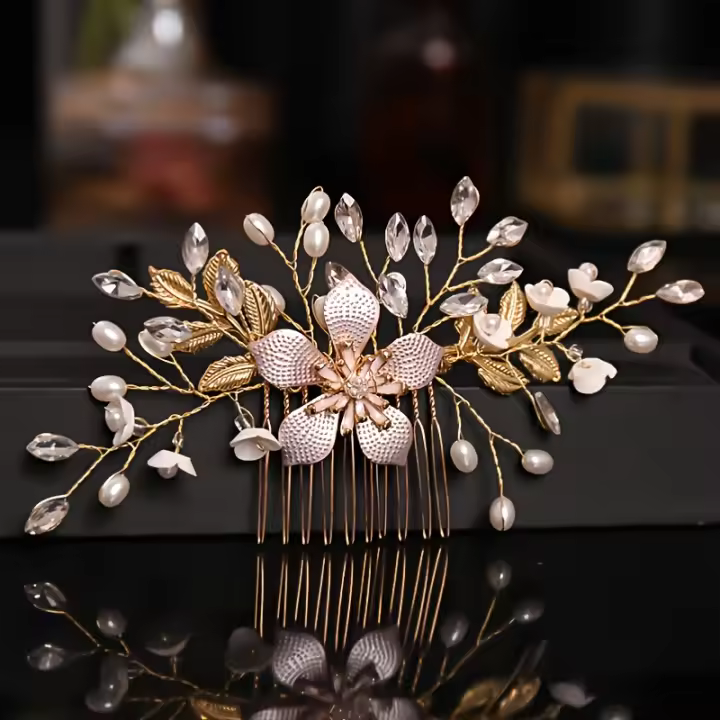 Peine De Boda Para Mujer Con Flor De Cristal Perla Y Hoja Diadema De Cabello Accesorios De Joyería Para Fiesta Y Novia - 1