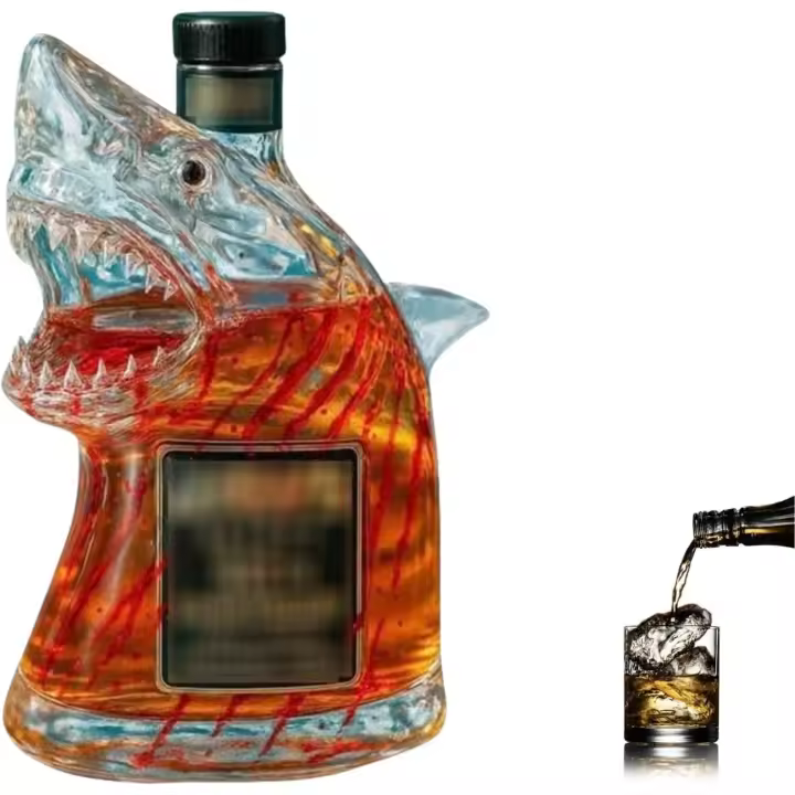 Botella de whisky Sherum Bruce The Shark, del 50.º aniversario de Tiburón. Cristal transparente único con forma de animal grabado. Edición limitada. Regalo de coleccionista para fans y coleccionistas. Ideas de regalo de cumpleaños para hombres. - 1